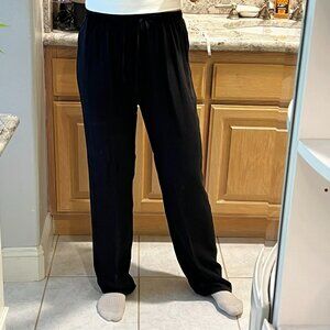 Women's Black 100% Silk Chiffon Elastic Drawstring Waist Pull On Wide Leg Pants